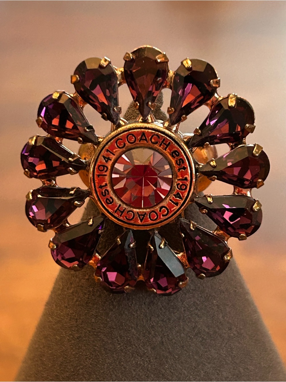 COACH Flower Cocktail Ring Rose Gold with Purple-Pink Rhinestone Petals Size 6